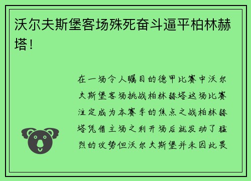沃尔夫斯堡客场殊死奋斗逼平柏林赫塔！